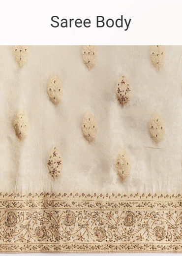 Cream Jacquard Silk Saree With Zari Brocade And Zardosi Embellished Pallu