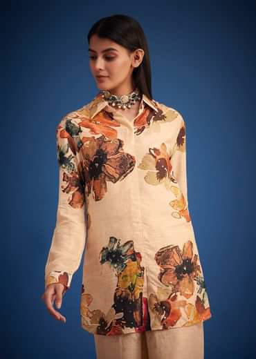 Cream Linen Floral Printed Embroidered Co Ord Set