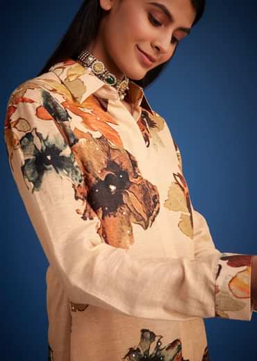 Cream Linen Floral Printed Embroidered Co Ord Set