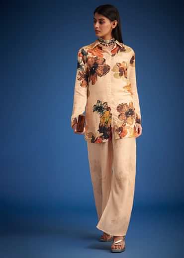Cream Linen Floral Printed Embroidered Co Ord Set