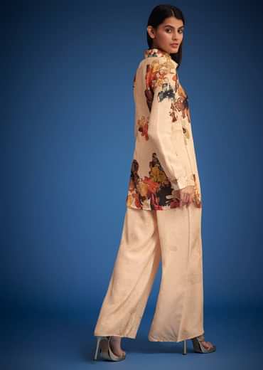 Cream Linen Floral Printed Embroidered Co Ord Set