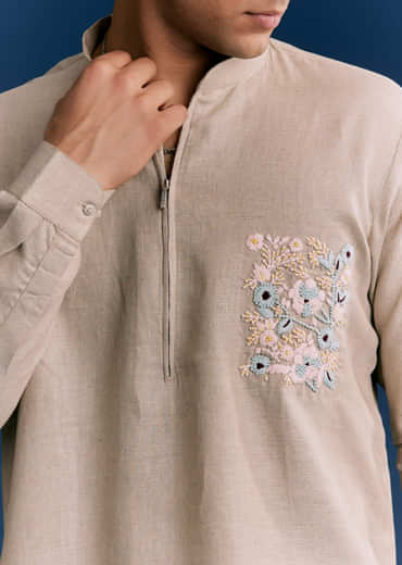 Cream Linen Kurta Set With Embroidery