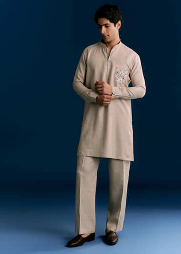 Cream Linen Kurta Set With Embroidery