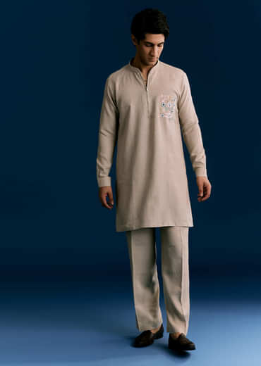 Cream Linen Kurta Set With Embroidery