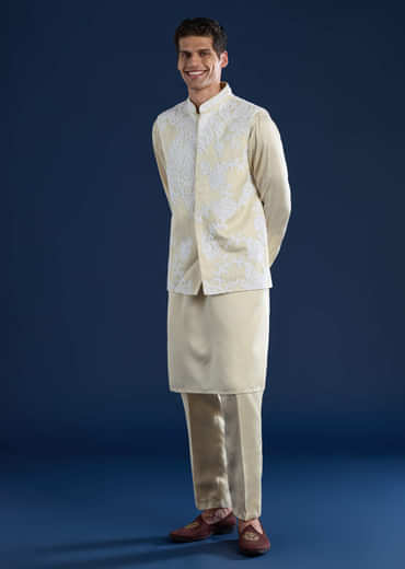 Cream Linen Satin Jacket Kurta Set with Dori Work