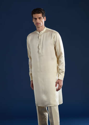 Cream Linen Satin Jacket Kurta Set with Dori Work