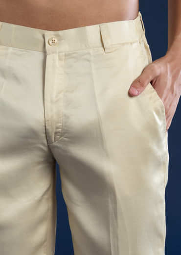 Cream Linen Satin Jacket Kurta Set with Dori Work