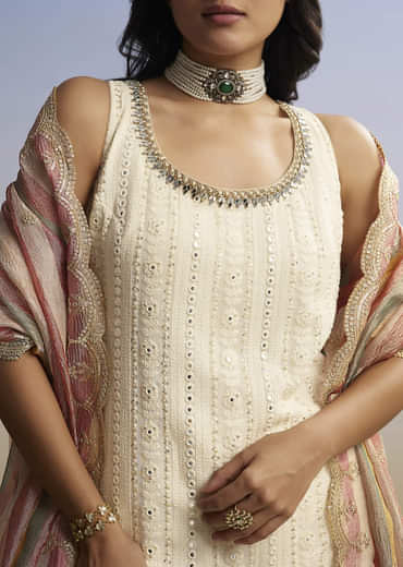 Cream Lucknowi Sharara Set With Tissue Dupatta