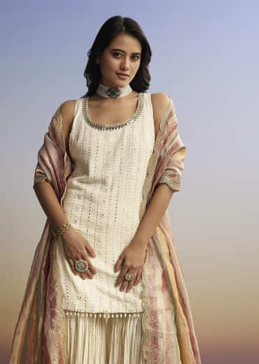 Cream Lucknowi Sharara Set With Tissue Dupatta