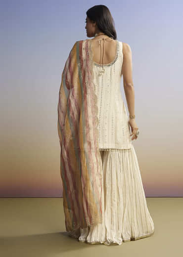 Cream Lucknowi Sharara Set With Tissue Dupatta