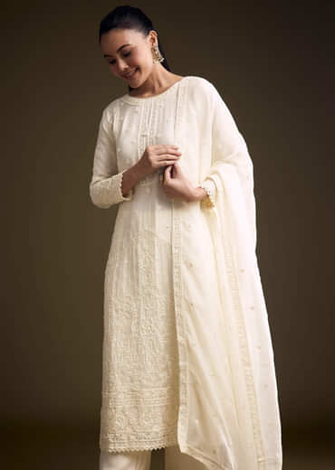Cream Organza Kurta Set With Resham And Moti Embroidery