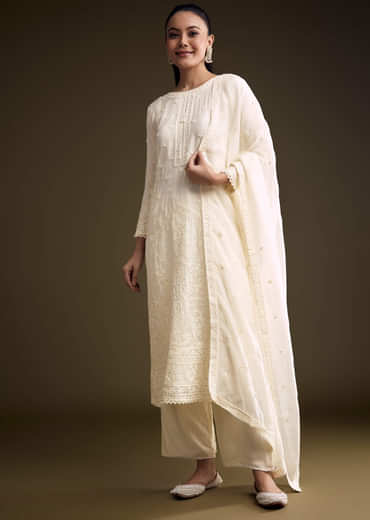 Cream Organza Kurta Set With Resham And Moti Embroidery