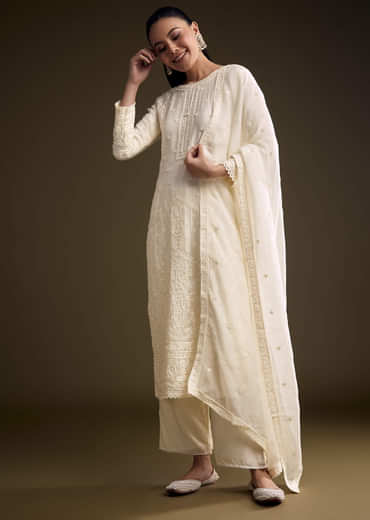 Cream Organza Kurta Set With Resham And Moti Embroidery