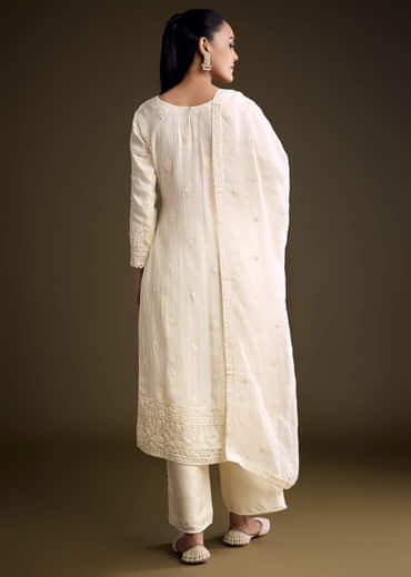 Cream Organza Kurta Set With Resham And Moti Embroidery