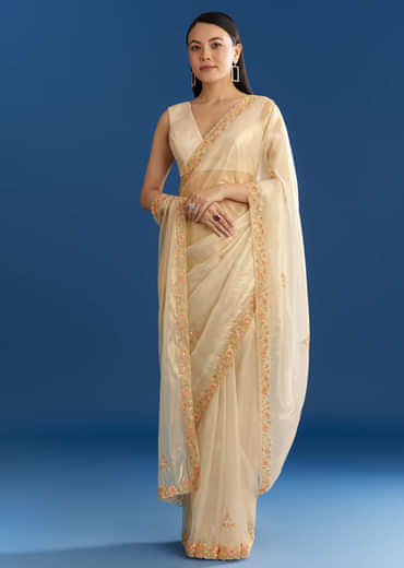 Cream Organza Tissue Saree With Subtle Beaded Border