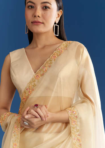 Cream Organza Tissue Saree With Subtle Beaded Border