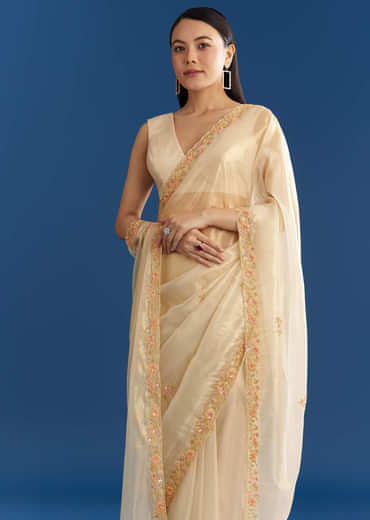Cream Organza Tissue Saree With Subtle Beaded Border