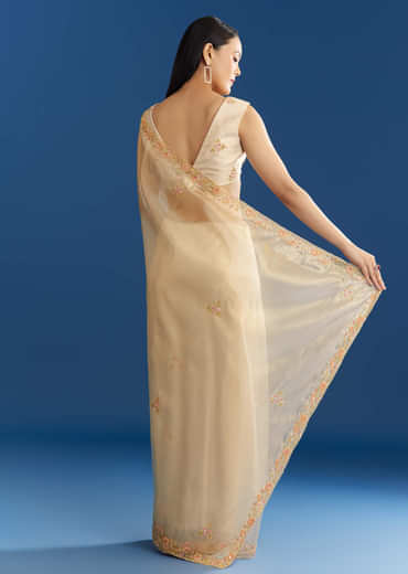 Cream Organza Tissue Saree With Subtle Beaded Border