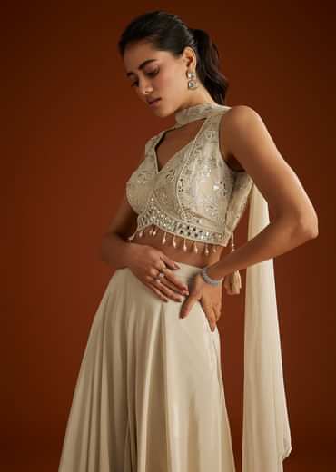 Cream Patch And Mirrorwork Crop Top With Choker Dupatta