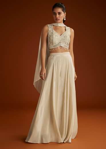 Cream Patch And Mirrorwork Crop Top With Choker Dupatta