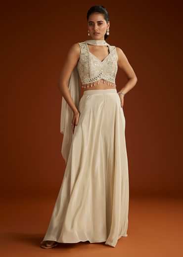 Cream Patch And Mirrorwork Crop Top With Choker Dupatta