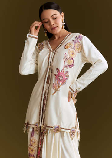 Cream Printed Croptop Set With Gotta Work Jacket And Dhoti Skirt