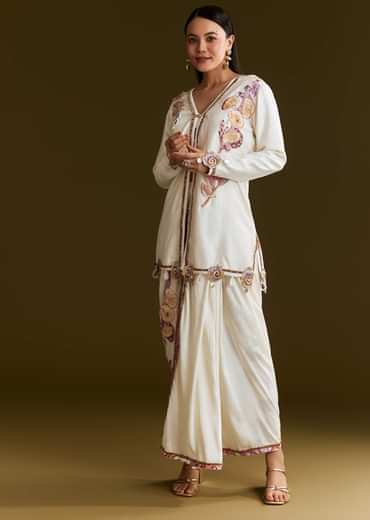 Cream Printed Croptop Set With Gotta Work Jacket And Dhoti Skirt