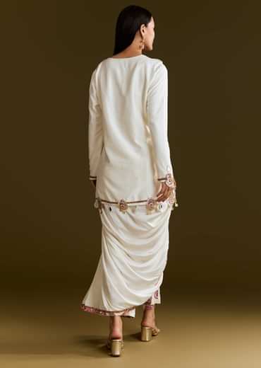 Cream Printed Croptop Set With Gotta Work Jacket And Dhoti Skirt