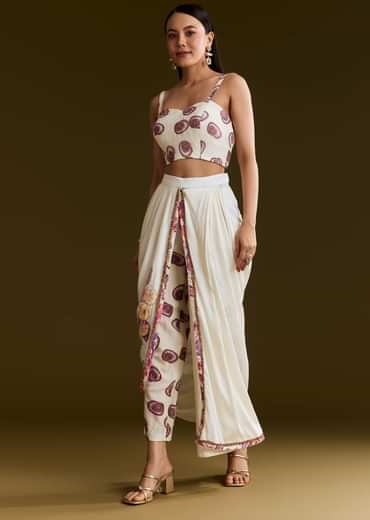 Cream Printed Croptop Set With Gotta Work Jacket And Dhoti Skirt
