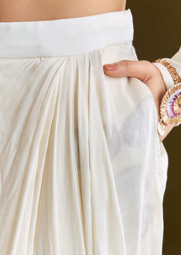 Cream Printed Croptop Set With Gotta Work Jacket And Dhoti Skirt