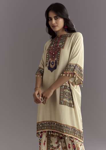 Cream Printed Muslin Kurta And Dhoti