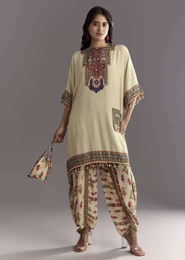 Cream Printed Muslin Kurta And Dhoti