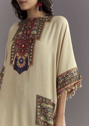 Cream Printed Muslin Kurta And Dhoti