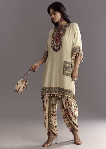 Cream Printed Muslin Kurta And Dhoti