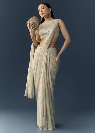 Cream Satin Saree with Floral Print and Unstitched Blouse