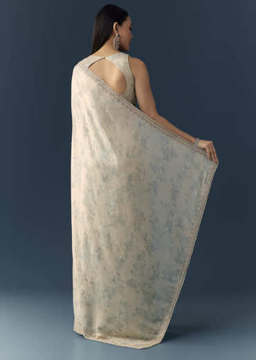 Cream Satin Saree with Floral Print and Unstitched Blouse