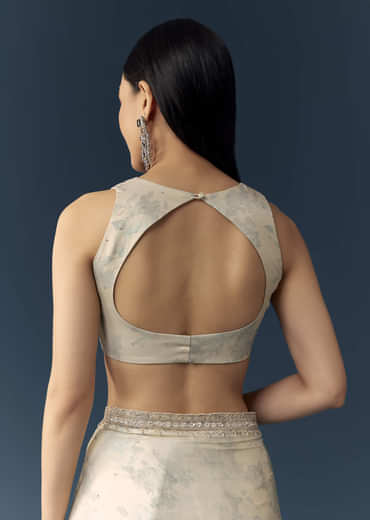 Cream Satin Saree with Floral Print and Unstitched Blouse