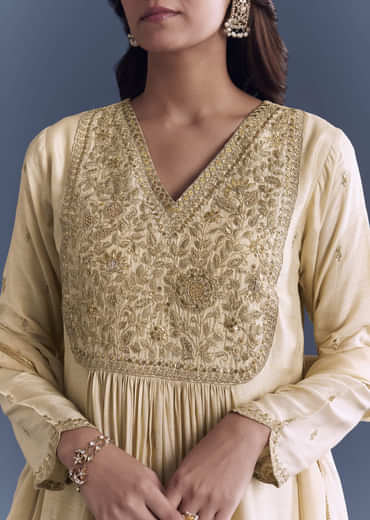 Cream Silk Anarkali Suit With Zari Thread Embroidery