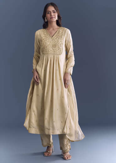 Cream Silk Anarkali Suit With Zari Thread Embroidery