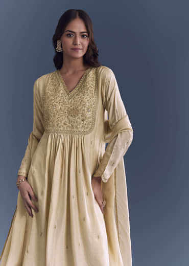 Cream Silk Anarkali Suit With Zari Thread Embroidery