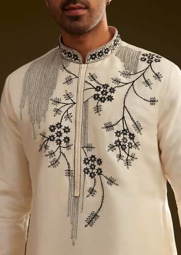 Cream Silk Kurta Set With Monochromatic Floral Embroidery