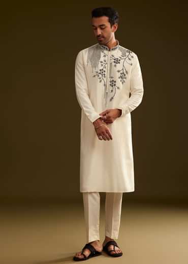 Cream Silk Kurta Set With Monochromatic Floral Embroidery