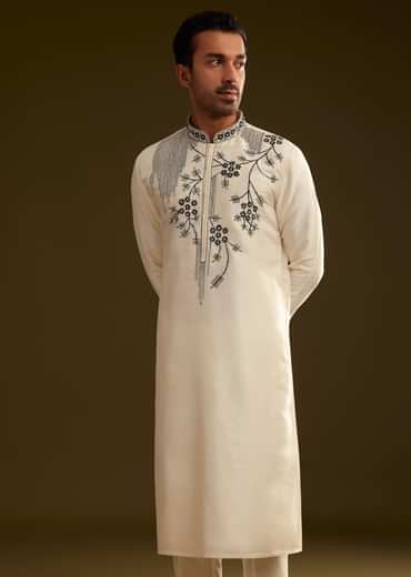 Cream Silk Kurta Set With Monochromatic Floral Embroidery