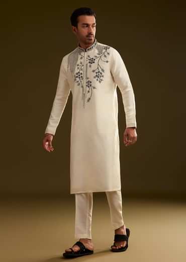 Cream Silk Kurta Set With Monochromatic Floral Embroidery