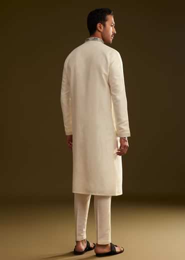 Cream Silk Kurta Set With Monochromatic Floral Embroidery