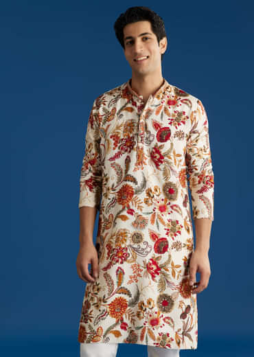 Cream Silk Floral Resham Embroidered Kurta Set