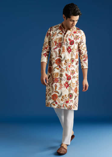 Cream Silk Floral Resham Embroidered Kurta Set