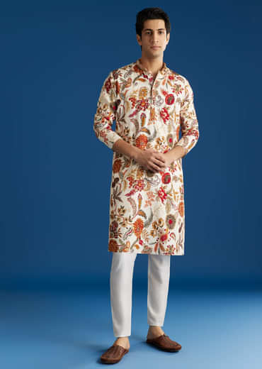 Cream Silk Floral Resham Embroidered Kurta Set