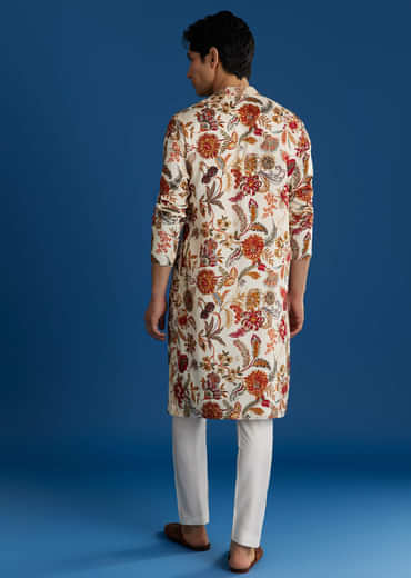 Cream Silk Floral Resham Embroidered Kurta Set