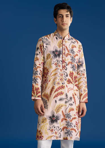 Cream Silk Floral Resham Threadwork Kurta Jacket Set